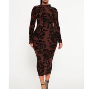 Brown bodycon dress with black floral design